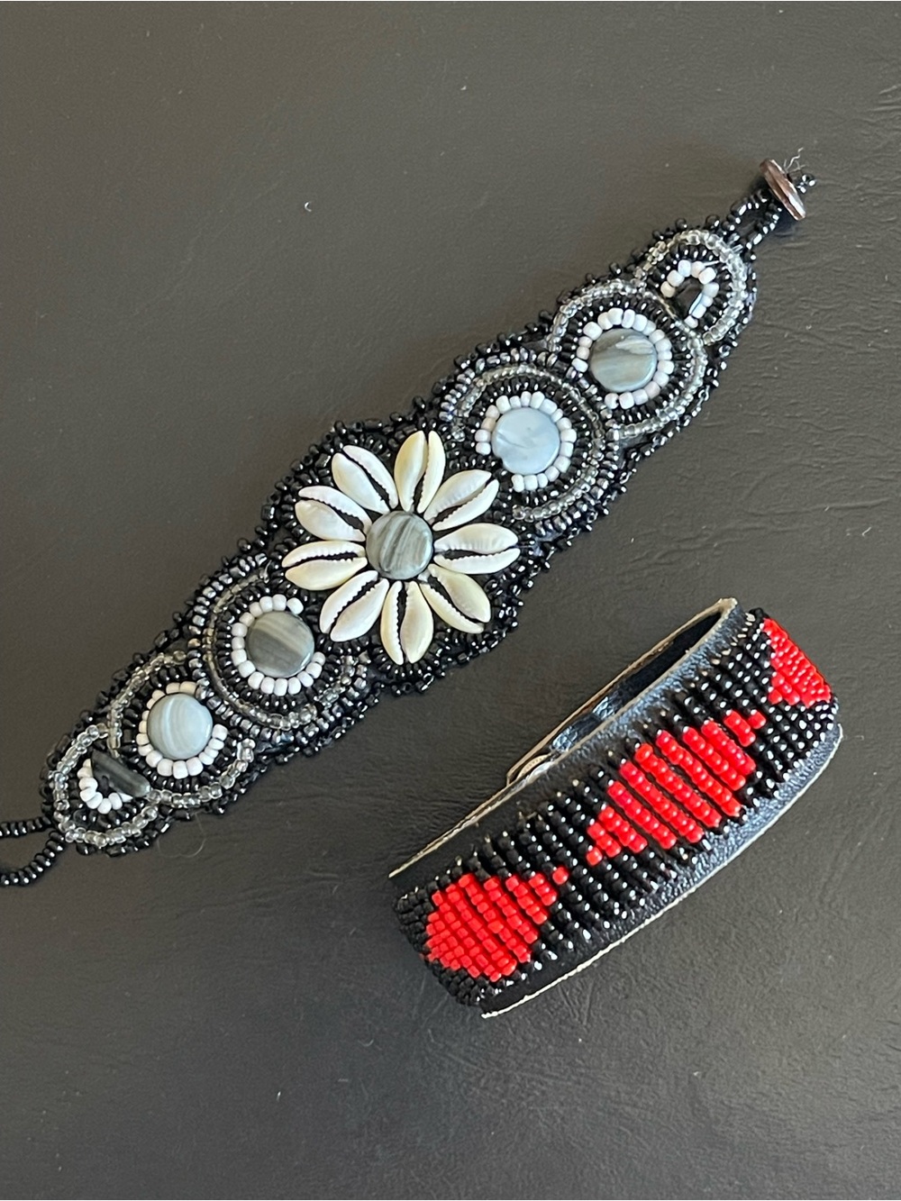 2 Vintage natural cowrie shell and glass beaded bracelet.